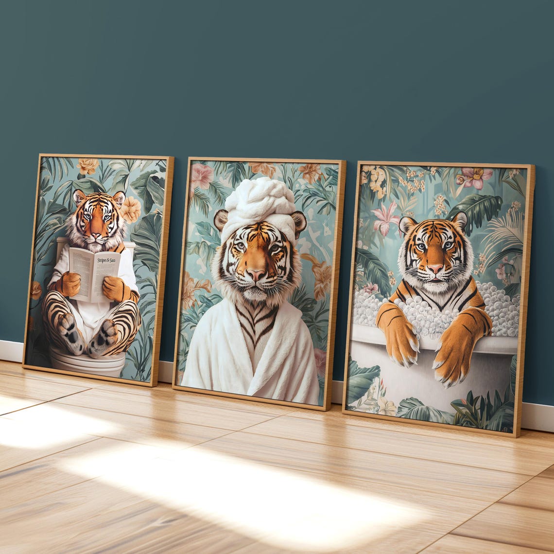 Tiger in a White Bathrobe Reading Stripes and Sass on a Toilet Poster - Image 2