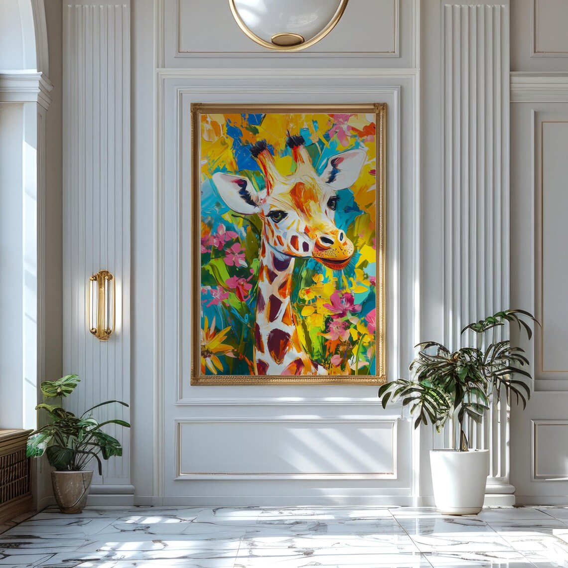 Giraffe Portrait in Bright Abstract Paint With Flowers Poster - Image 3