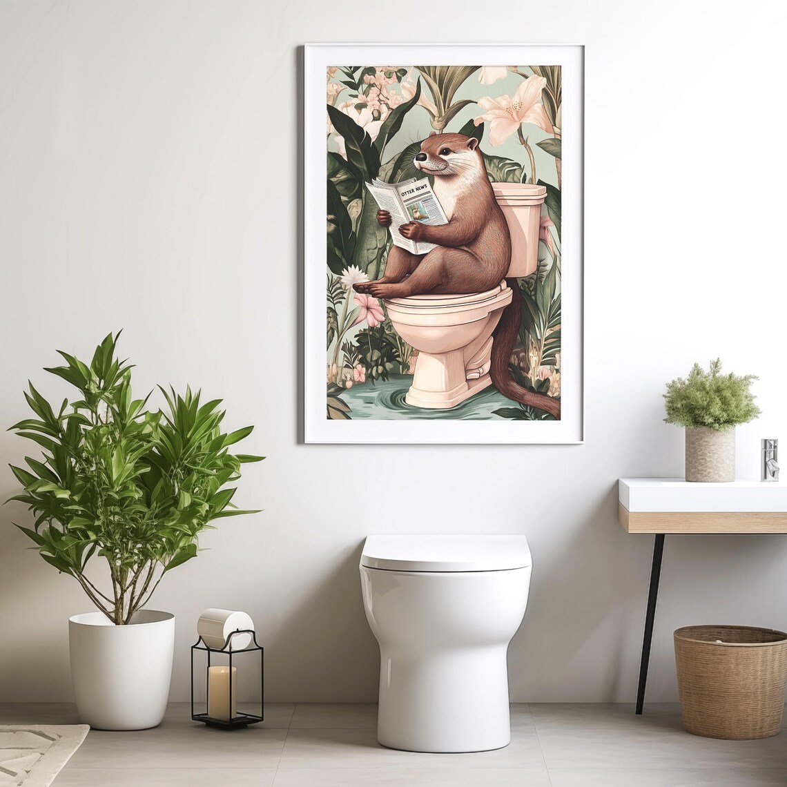 Cute Otter on a Toilet Reading Otter News Floral Bathroom Poster - Image 4