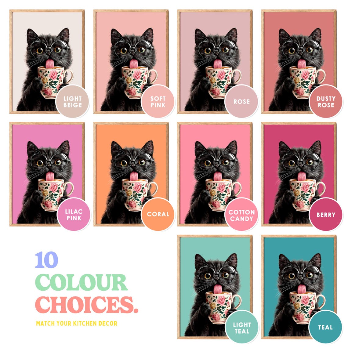 Fluffy Black Kitten Wearing Glasses Licking a Floral Teacup Poster - Image 5
