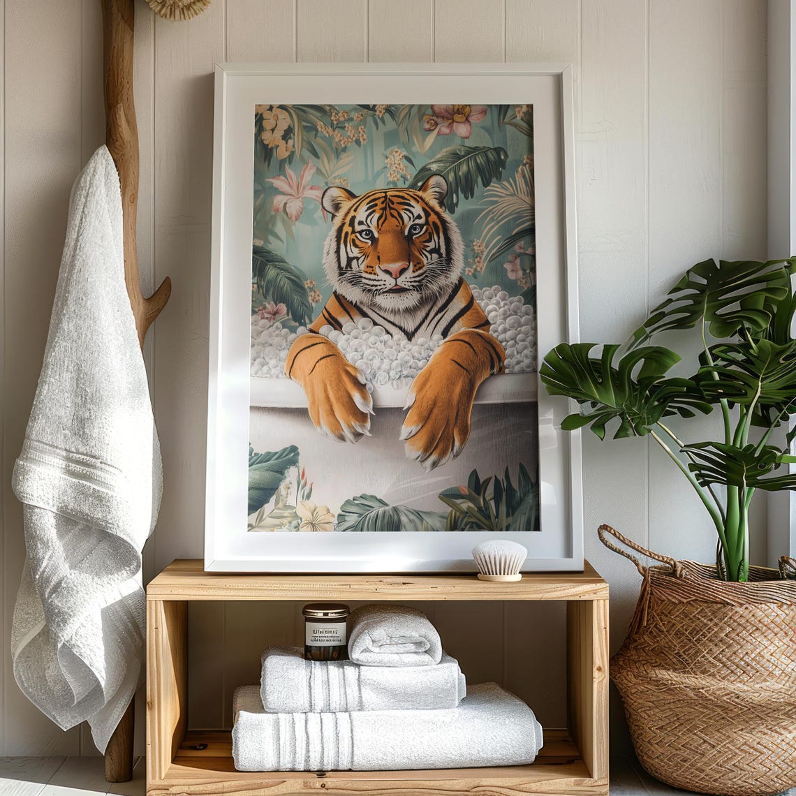 Tiger Relaxing in a Foamy Bubble Bath With Tropical Leaves Poster - Image 7