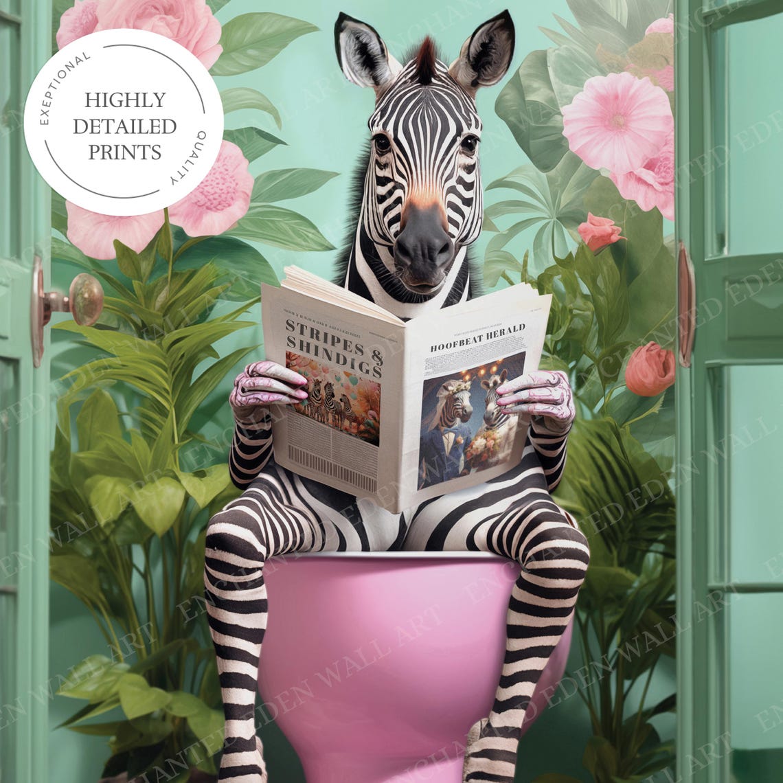 Zebra Reading the Paper on a Pink Toilet Botanical Bathroom Poster - Image 6