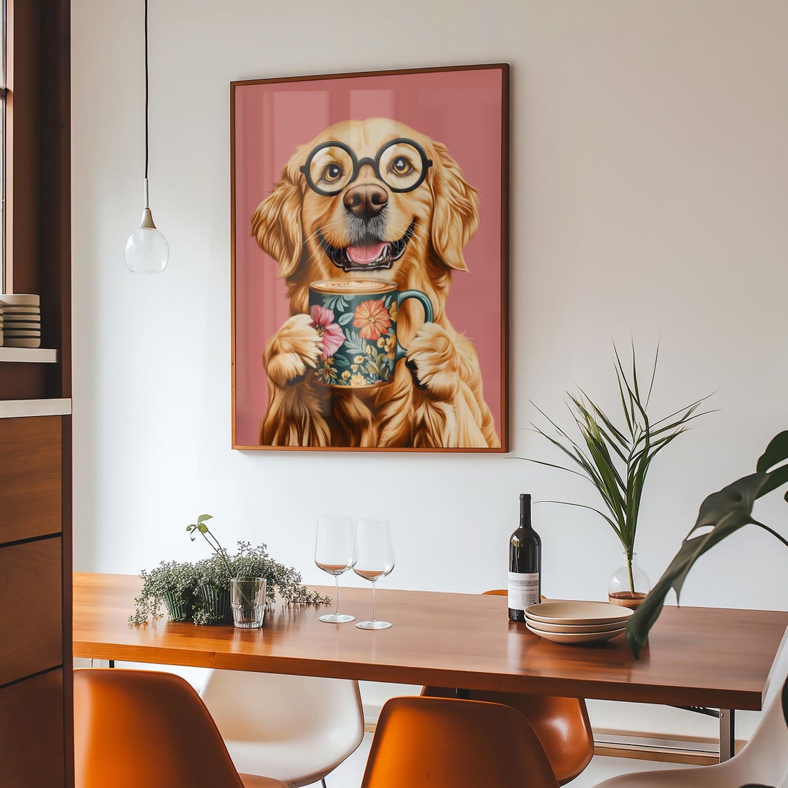 Golden Retriever Wearing Glasses Holding a Floral Coffee Mug Poster - Image 4