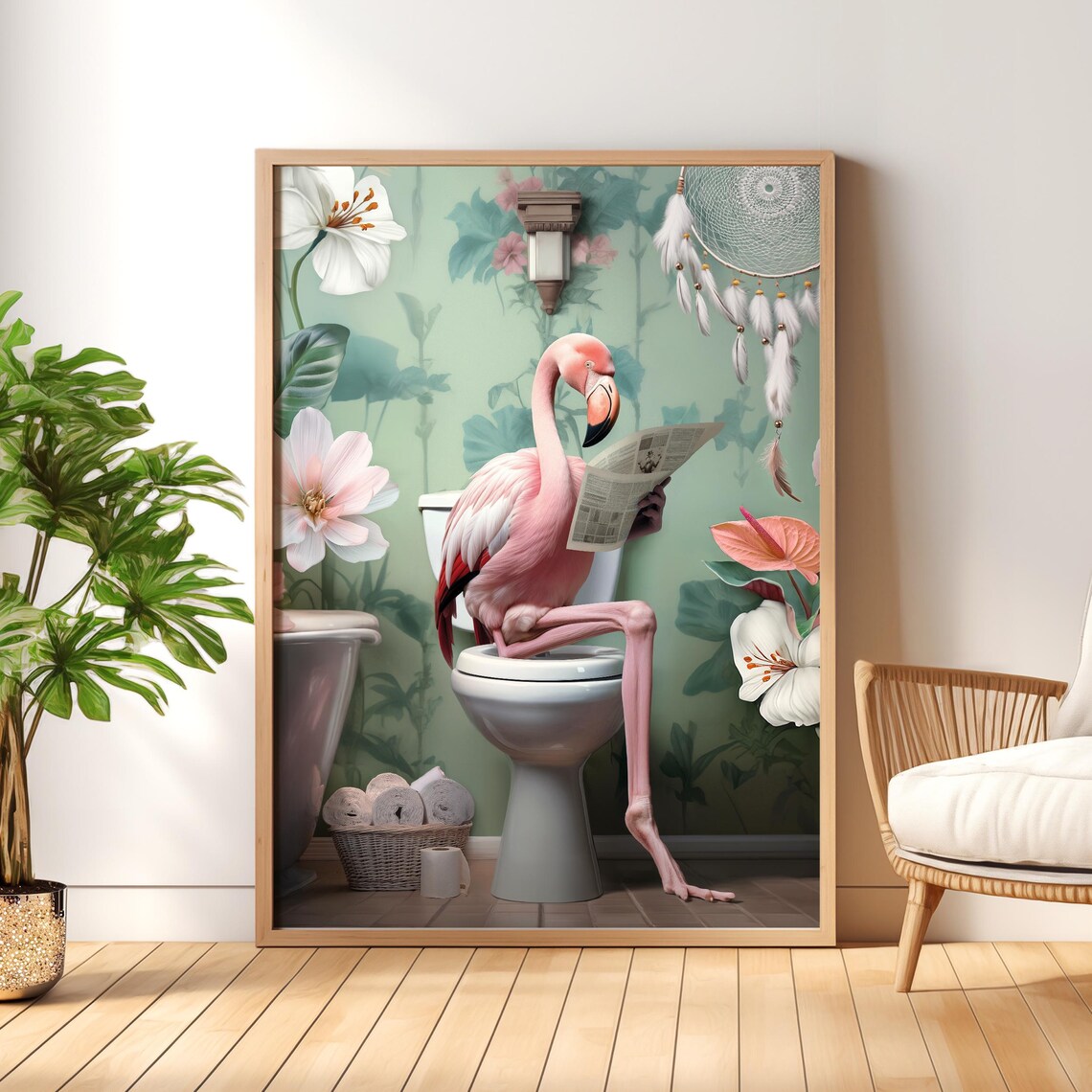 Funny Flamingo Toilet Print Bathroom Wall Art Poster Tropical Bathroom Art Pink Flamingo Wall Decor Restroom Print Flamingo Lover Gift