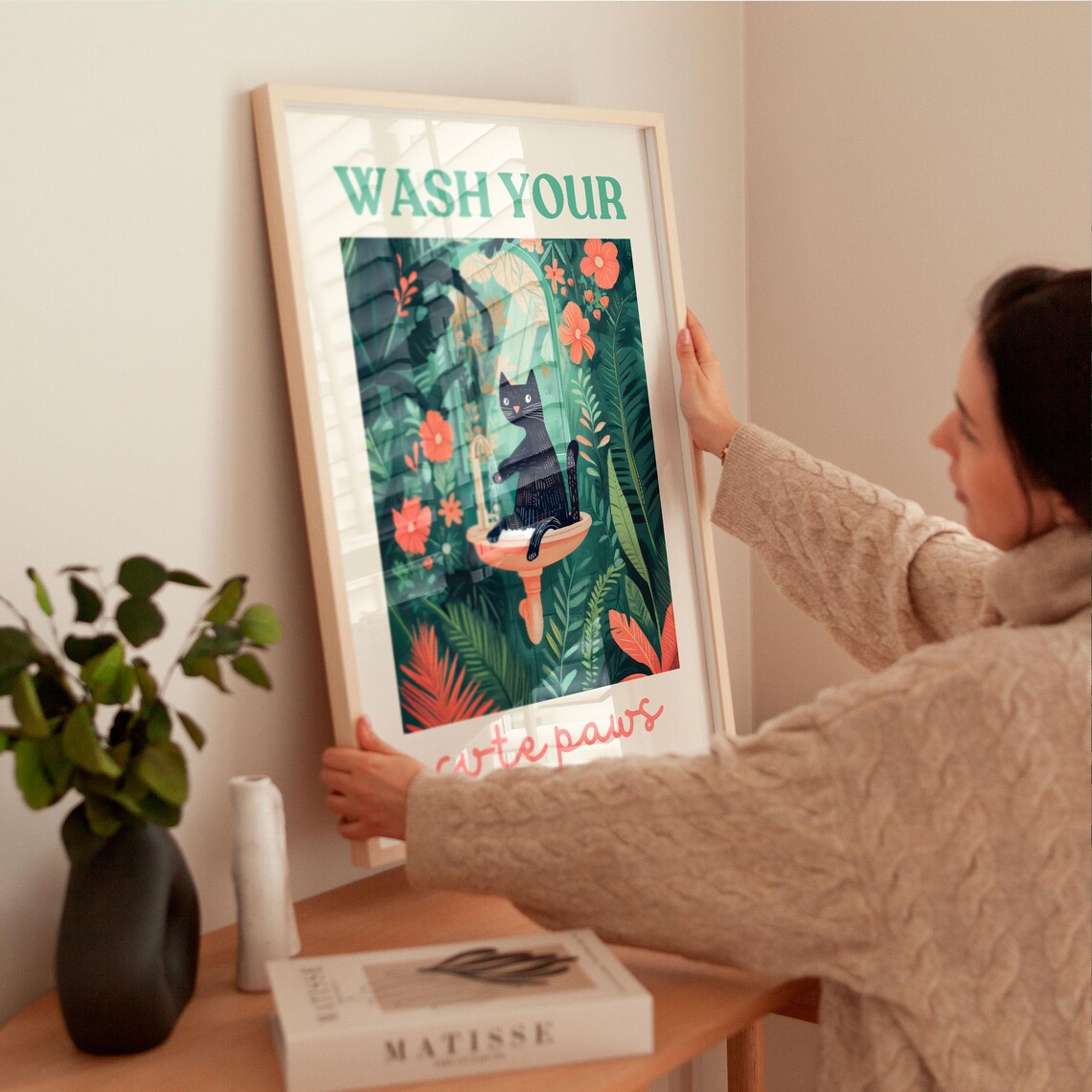 Wash Your Cute Paws Black Cat at a Sink Bathroom Reminder Poster - Image 2