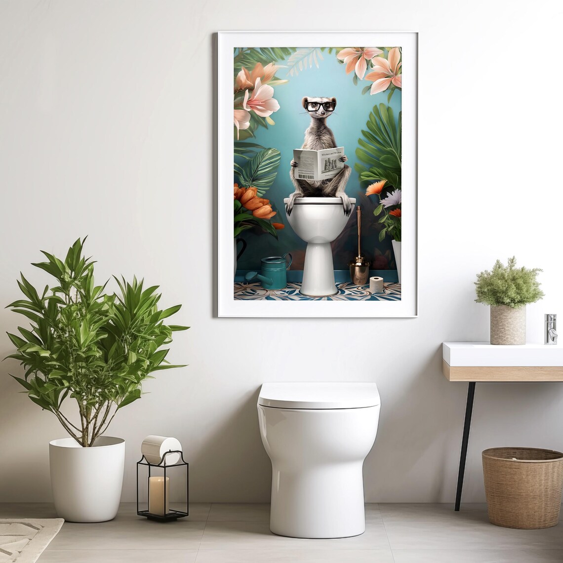 Meerkat in Glasses Reading on a Toilet Botanical Bathroom Poster - Image 3