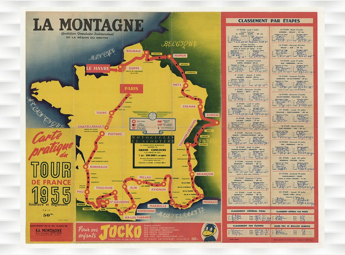 Tour de France 1955 Route Map La Montagne Newspaper Vintage Poster
