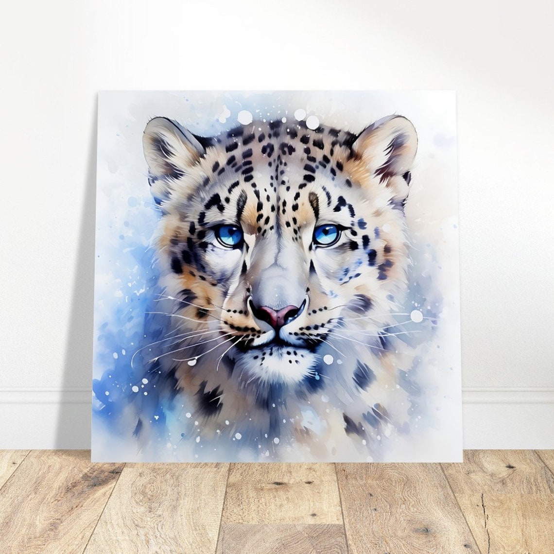 Snow Leopard Cub With Big Blue Eyes Close Up Watercolour Poster - Image 2