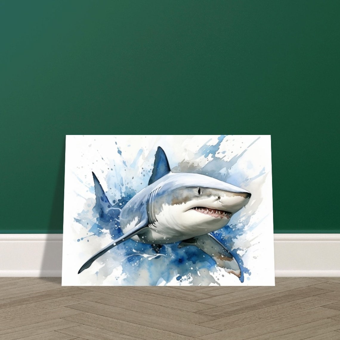 Great White Shark Swimming Fast Watercolour Ocean Animal Poster - Image 4
