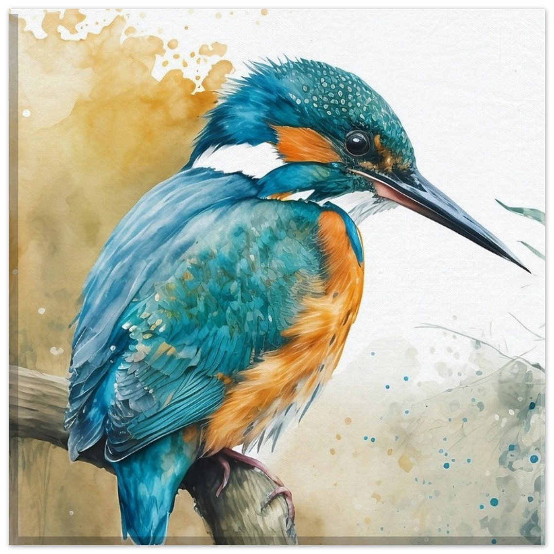 Kingfisher Perched On Branch Watercolour Blue Orange Bird Poster