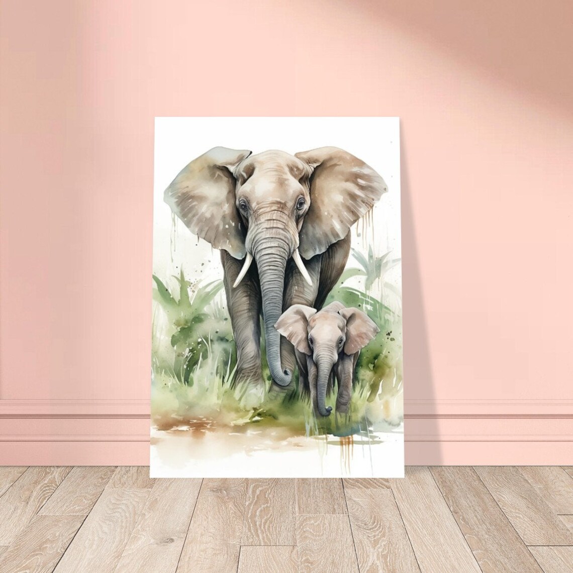 Mother Elephant And Baby Walking Together Watercolour Wildlife Poster - Image 4