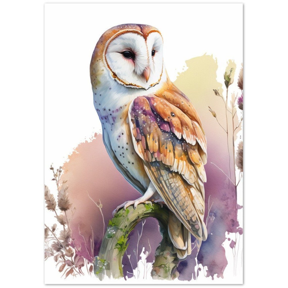 Beautiful Barn Owl Mossy Branch Watercolour Garden Bird Art Poster