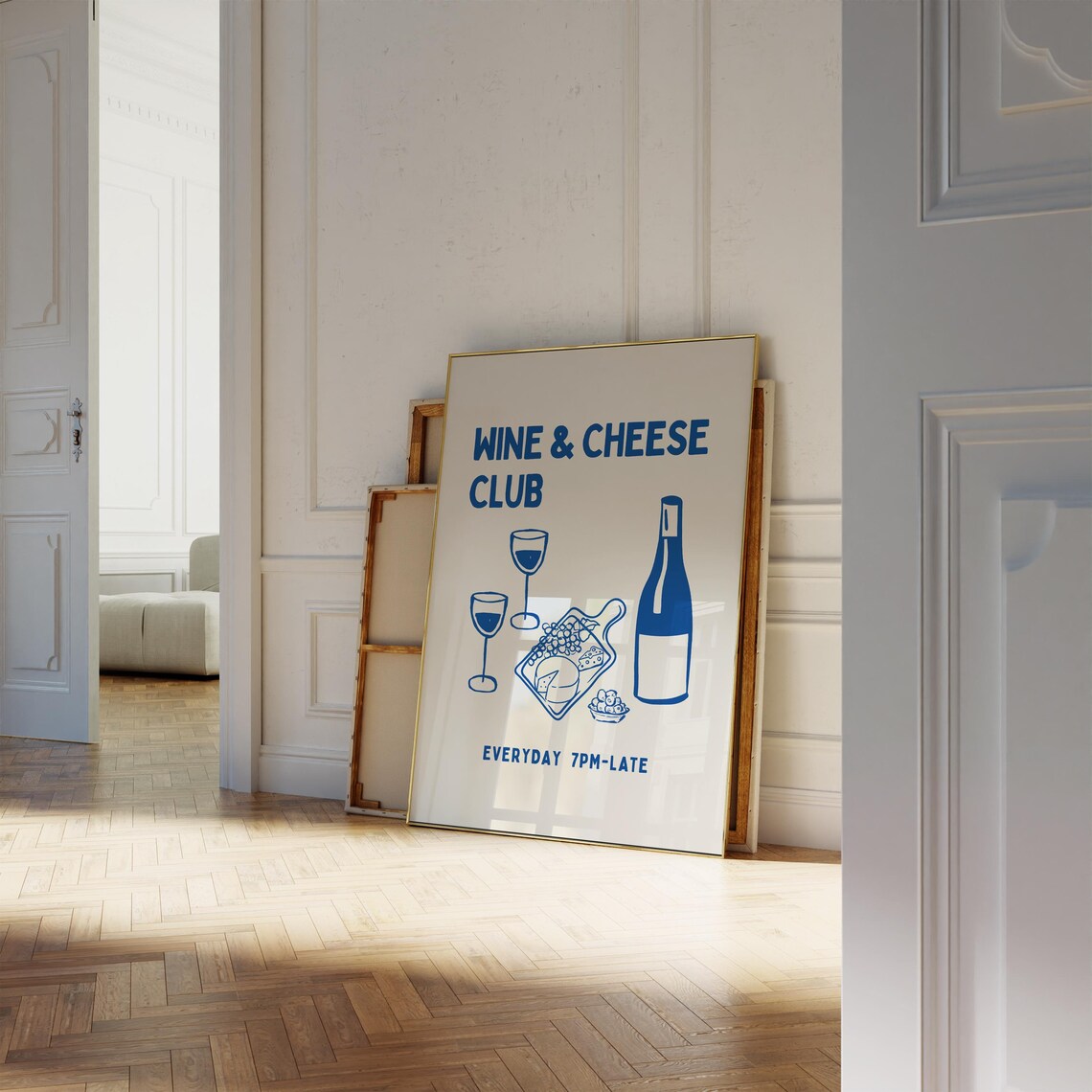 Wine and Cheese Club Blue Minimalist Illustration Kitchen Poster - Image 2