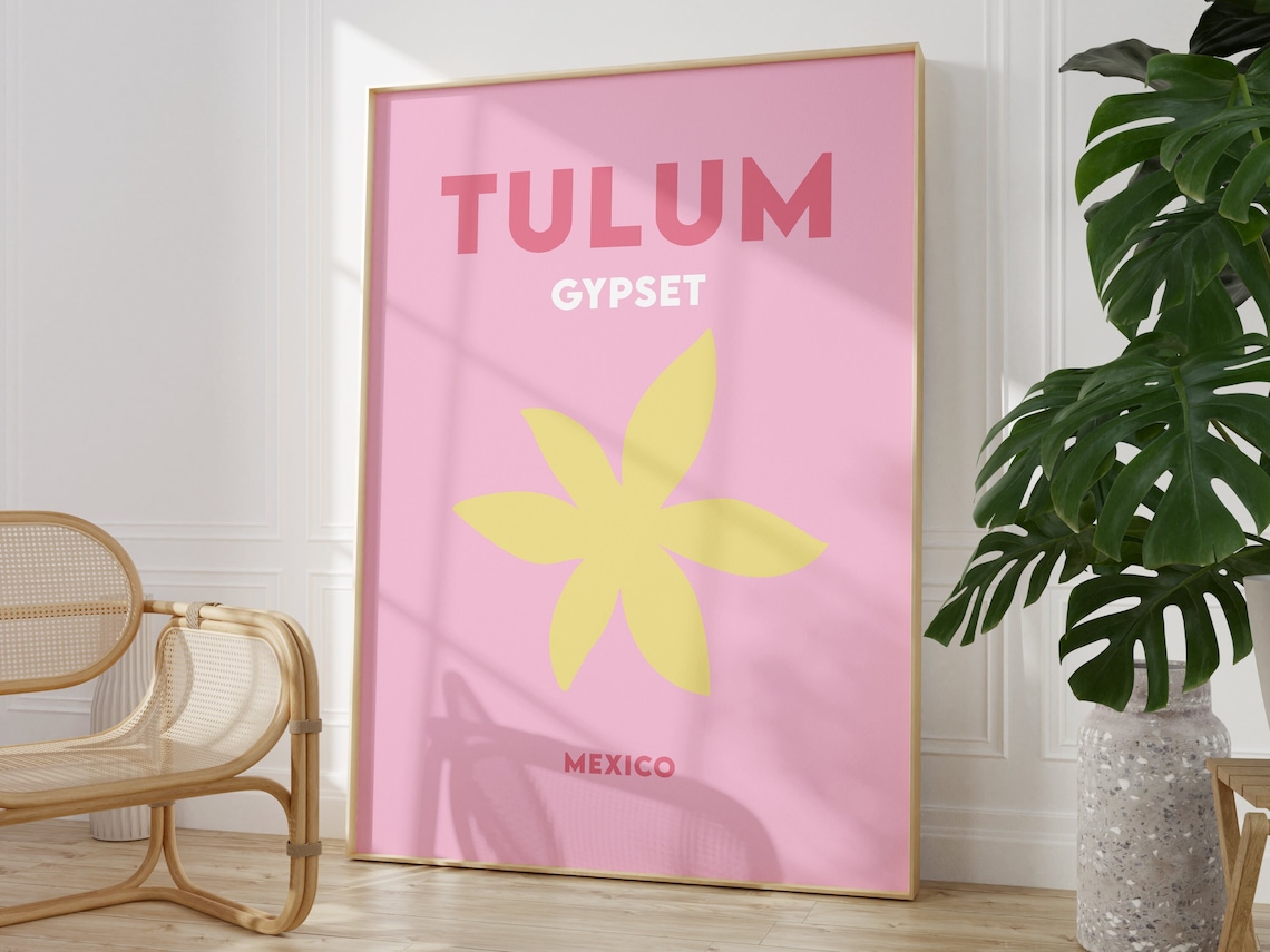 Tulum Gypset Mexico Minimalist Pink Yellow Flower Travel Poster - Image 3