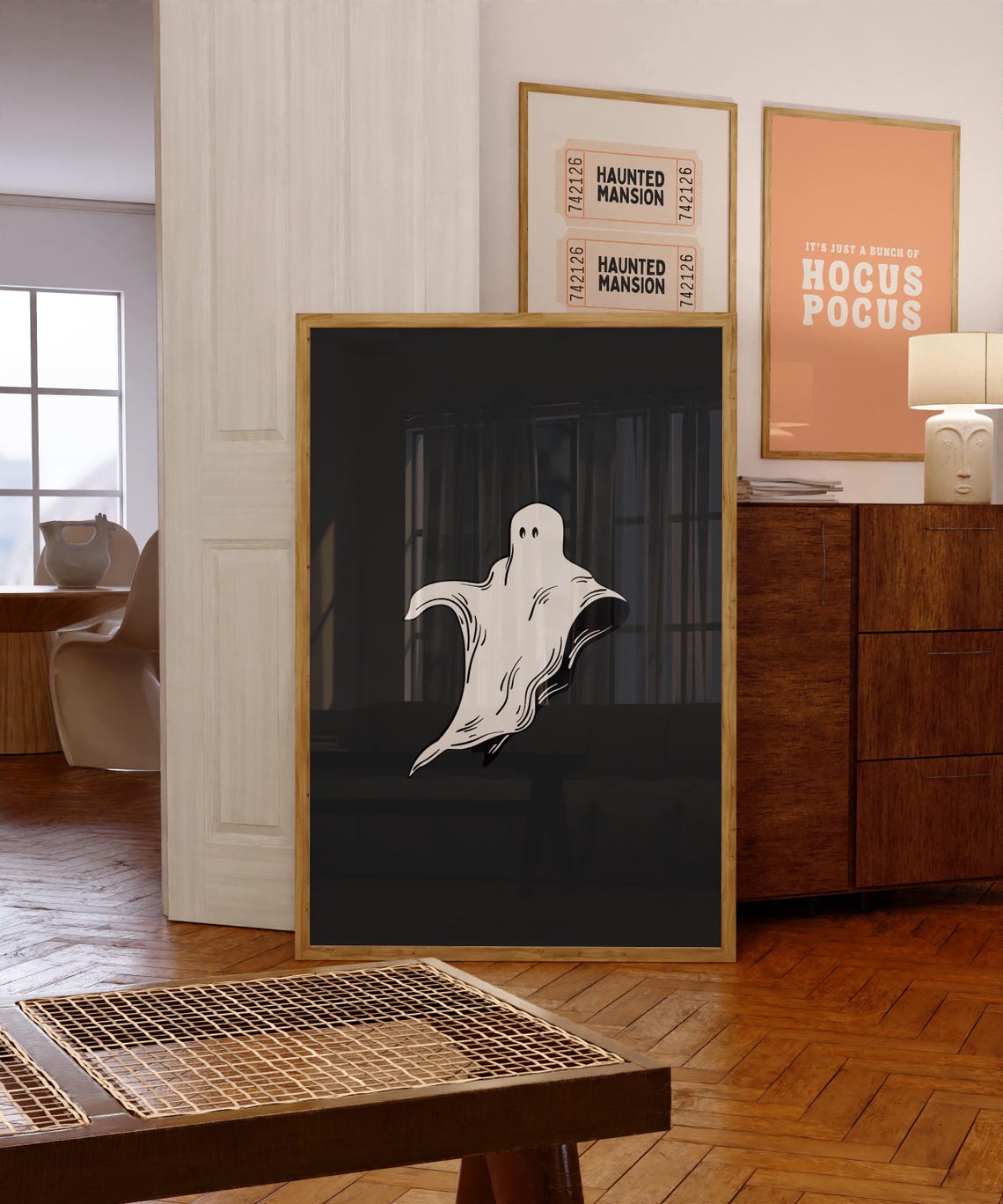 Cute Friendly Ghost Hand Drawn Cream On Black Halloween Night Poster - Image 4