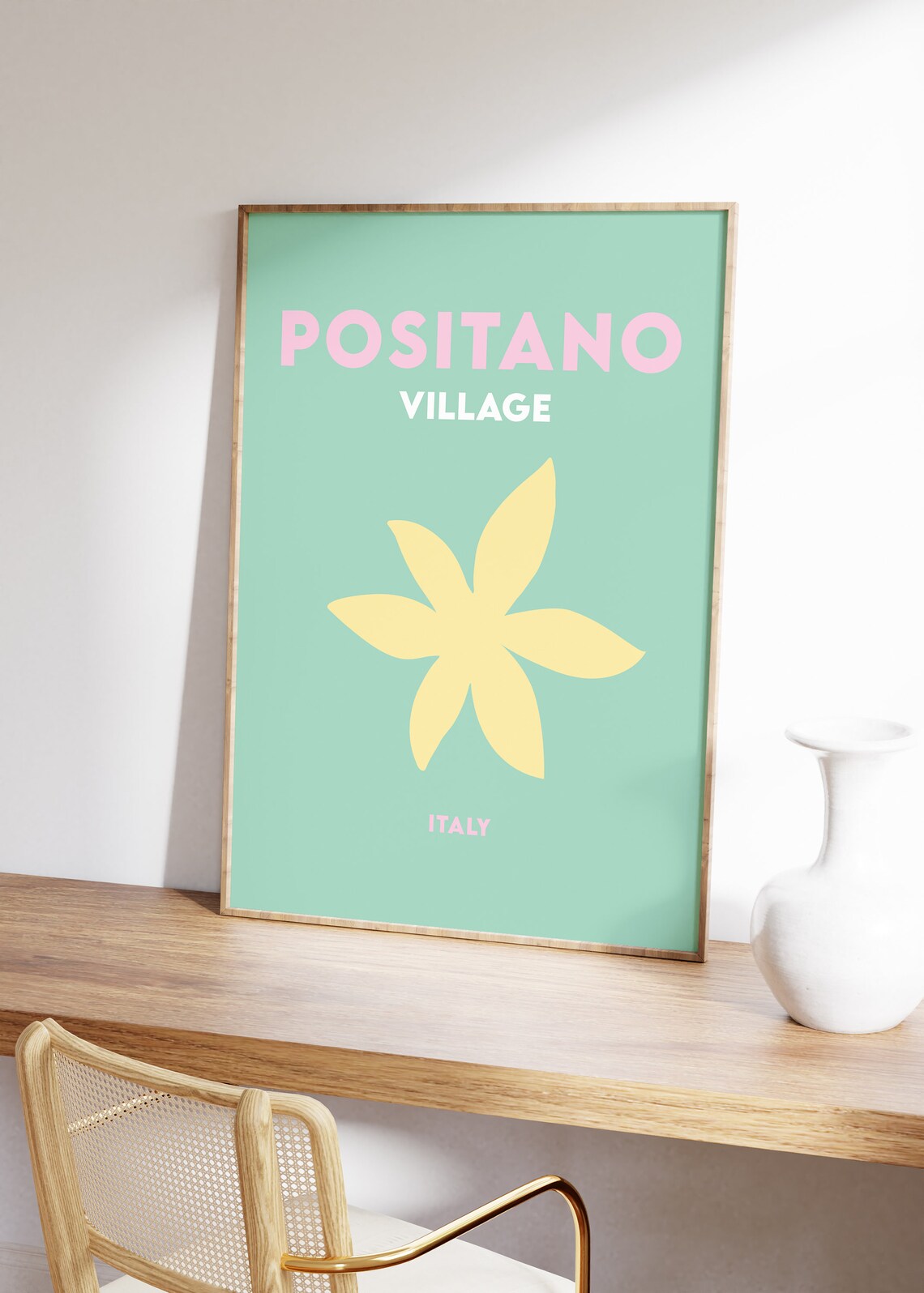 Positano Village Italy Green Floral Minimalist Travel Poster
