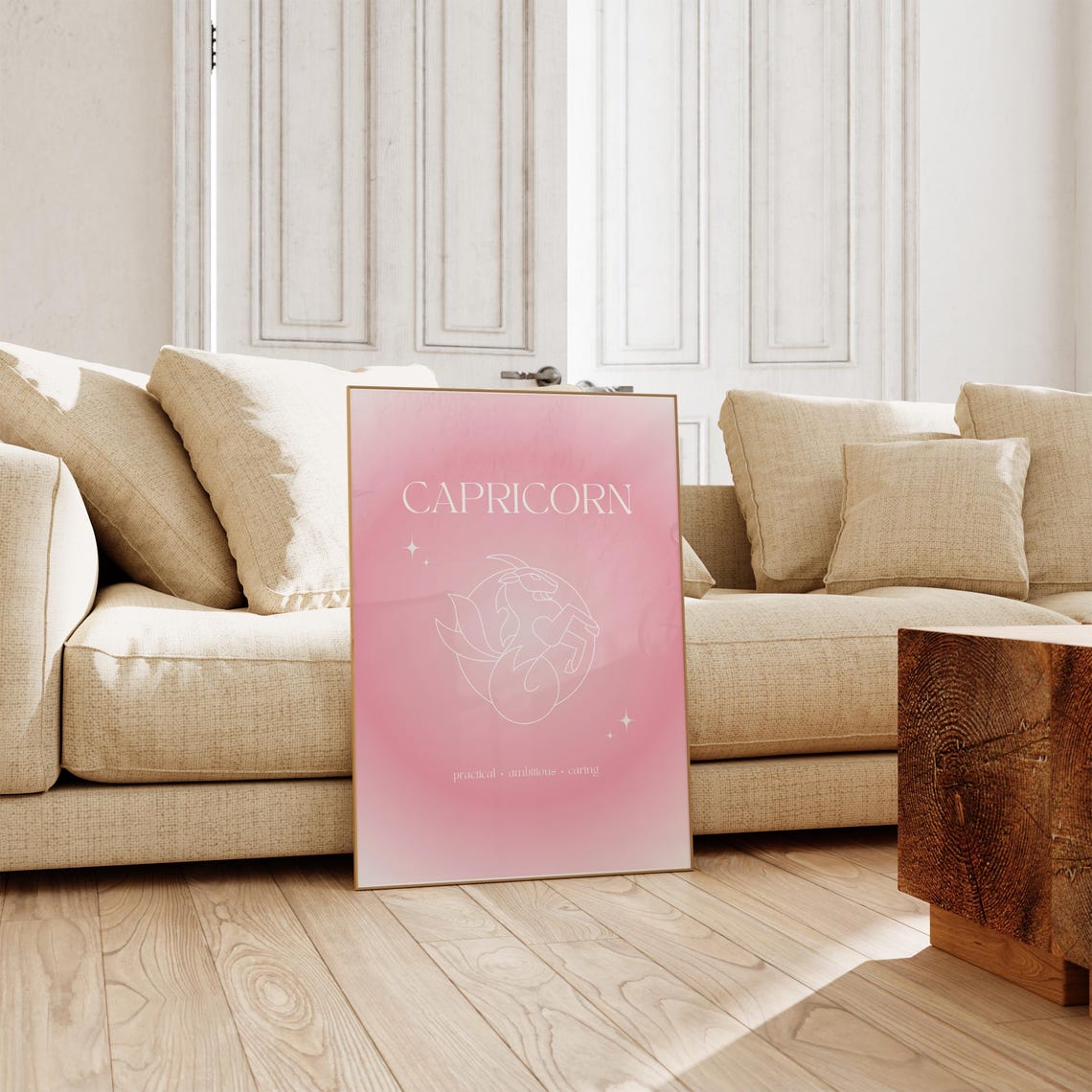 Capricorn Zodiac Sea Goat Pink Gradient Aura Line Art Poster - Image 4