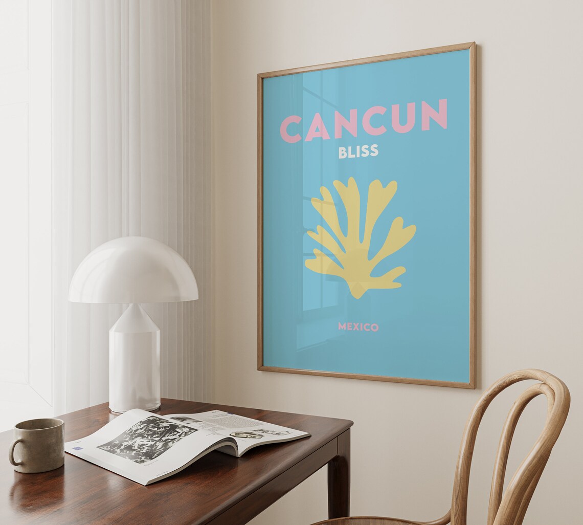 Cancun Bliss Mexico Blue Yellow Coral Minimalist Travel Poster - Image 5