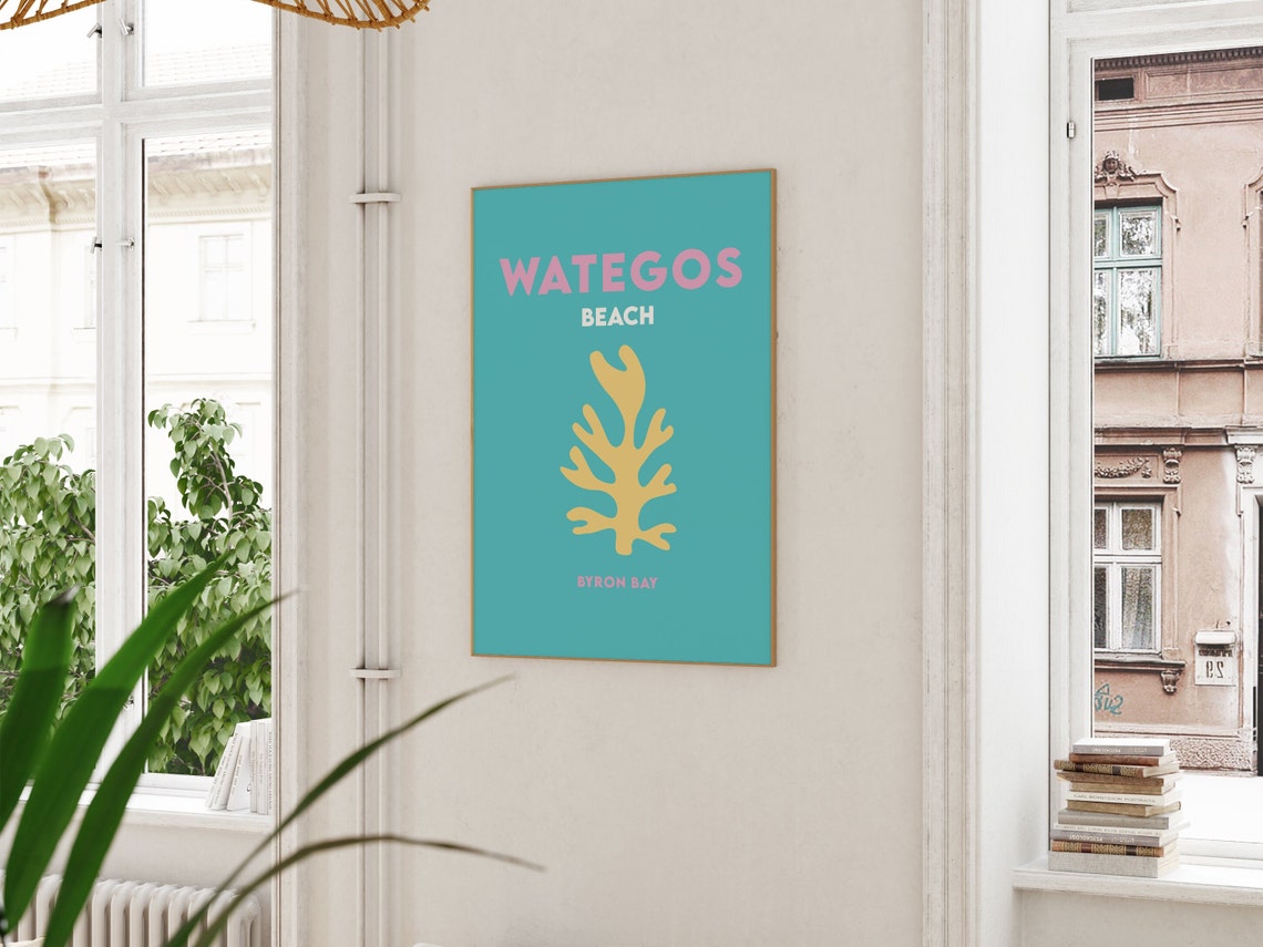 Wategos Beach Byron Bay Teal with Yellow Coral Travel Poster - Image 3