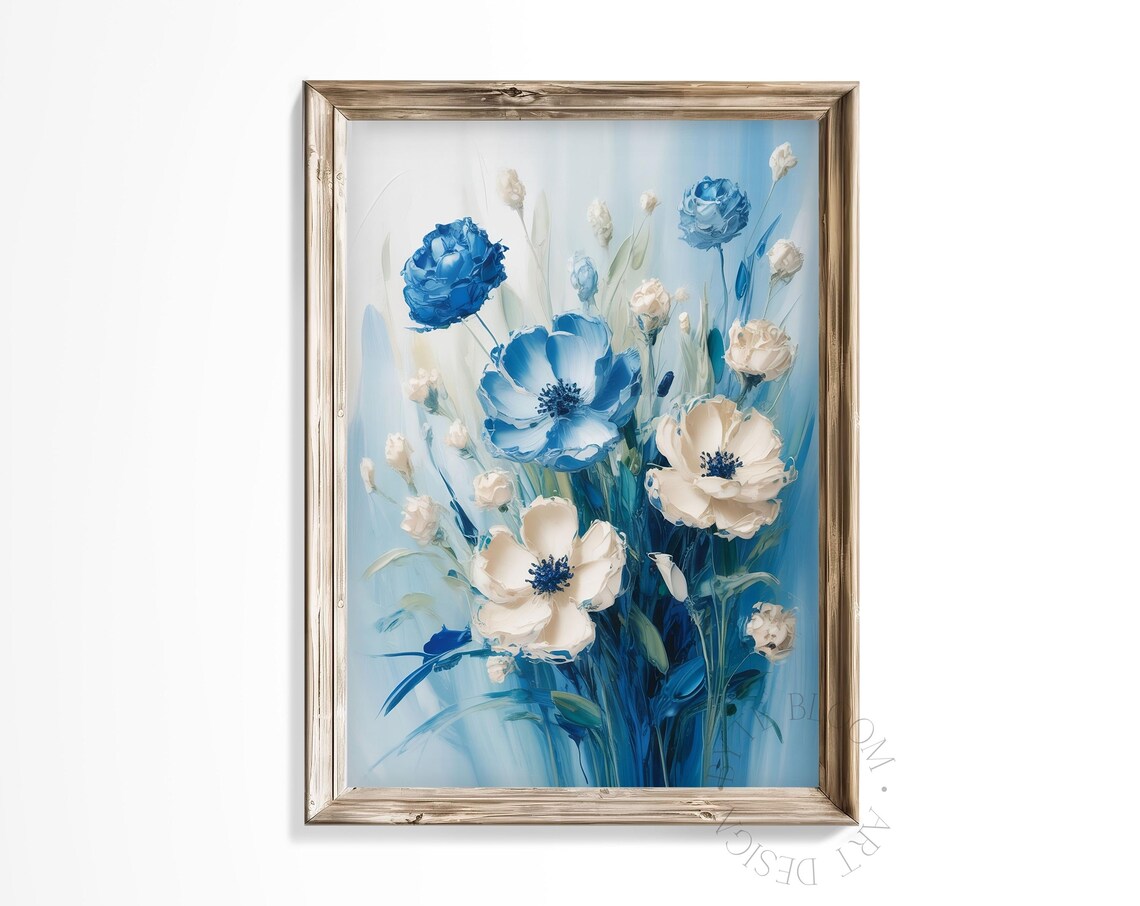 Blue And White Floral Impasto Oil Painting Wildflower Bouquet Poster