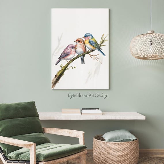 Watercolor Birds Print Colorful Songbird Illustration Minimalist Nature Decor