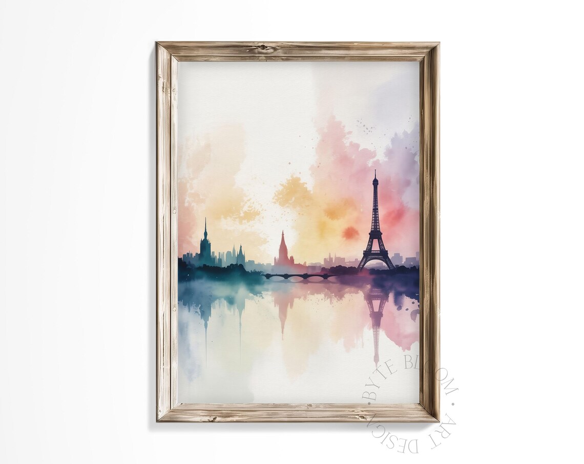 Watercolor Paris Skyline Art Print Pastel Eiffel Tower Cityscape