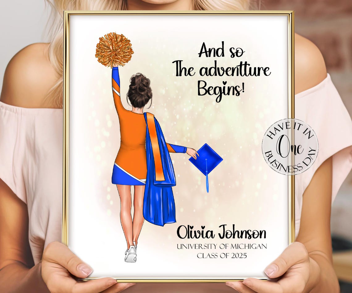 Cheerleader Graduation Poster Orange and Blue Uniform Class of 2025