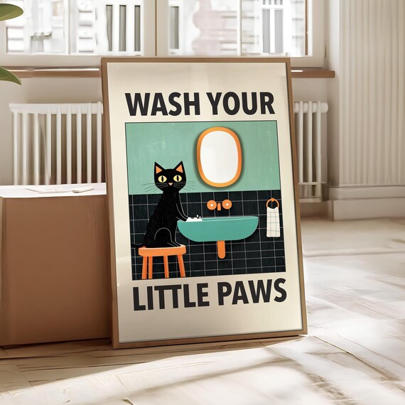 Wash Your Little Paws Funny Black Cat Retro Bathroom Humor Poster