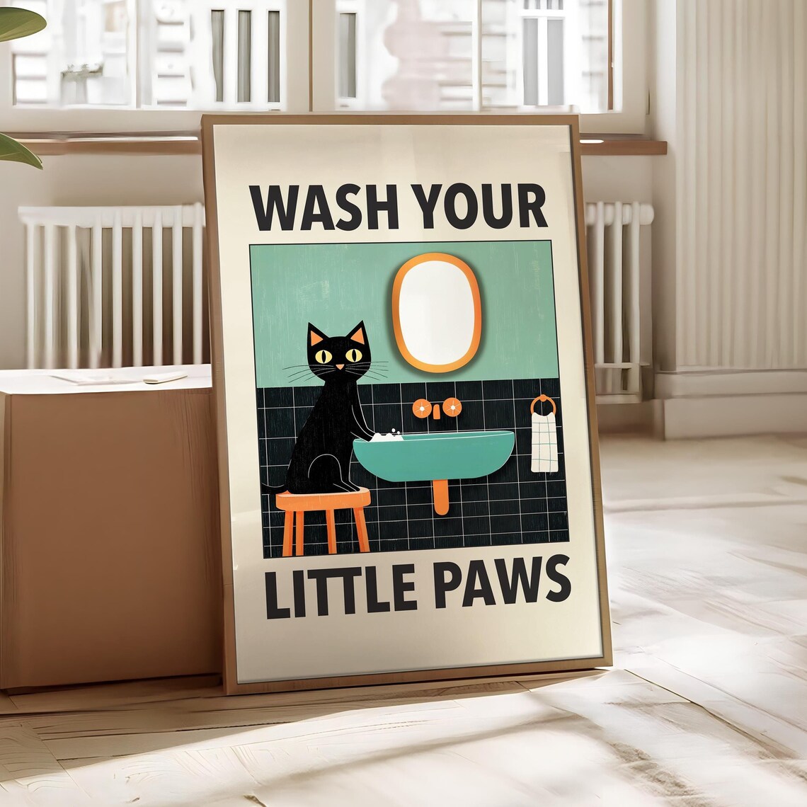 Wash Your Little Paws Funny Black Cat Retro Bathroom Humor Poster