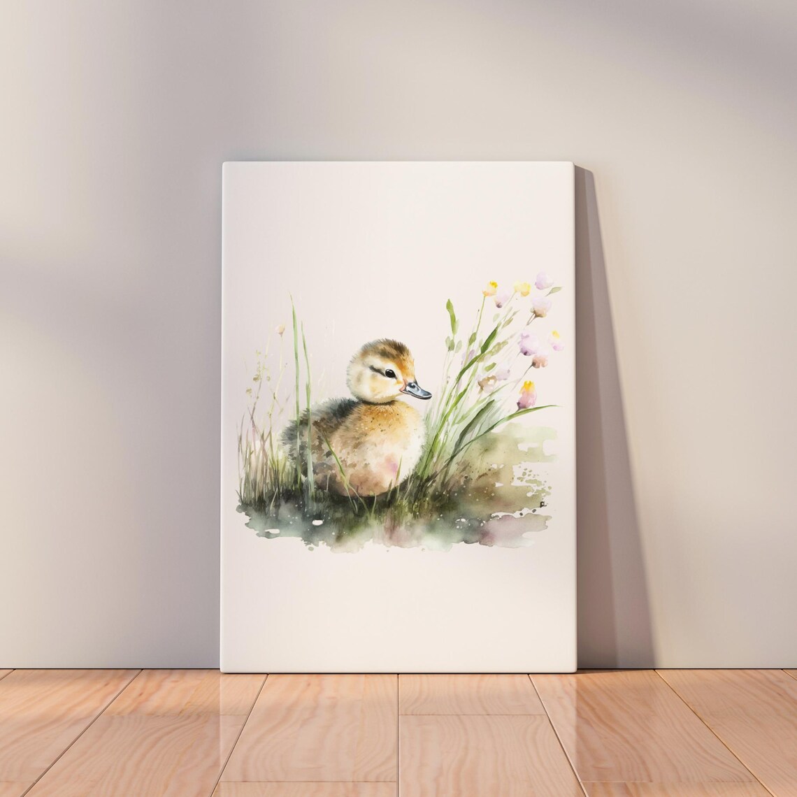Little Duckling Among Reeds Wildflowers Soft Watercolor Nursery Poster