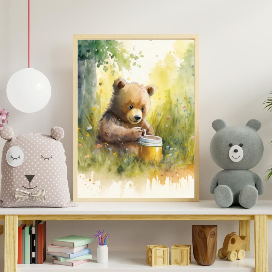 Brown Bear Cub Holding Honey Jar Meadow Wildflowers Watercolor Poster