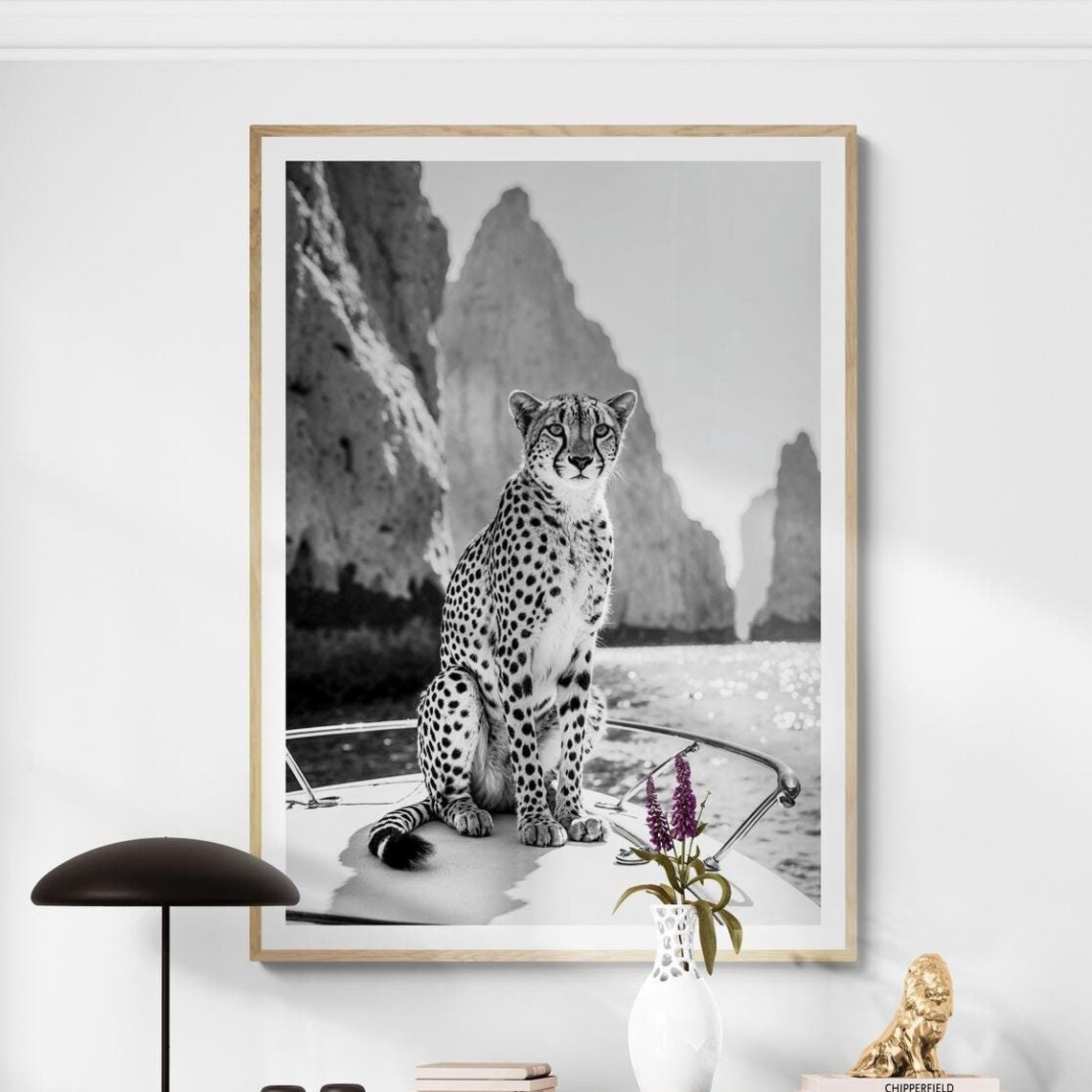 Cheetah Black and White Coastal Wildlife Art Print