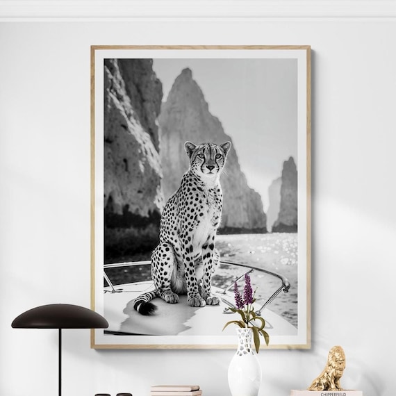 Cheetah Black and White Coastal Wildlife Art Print