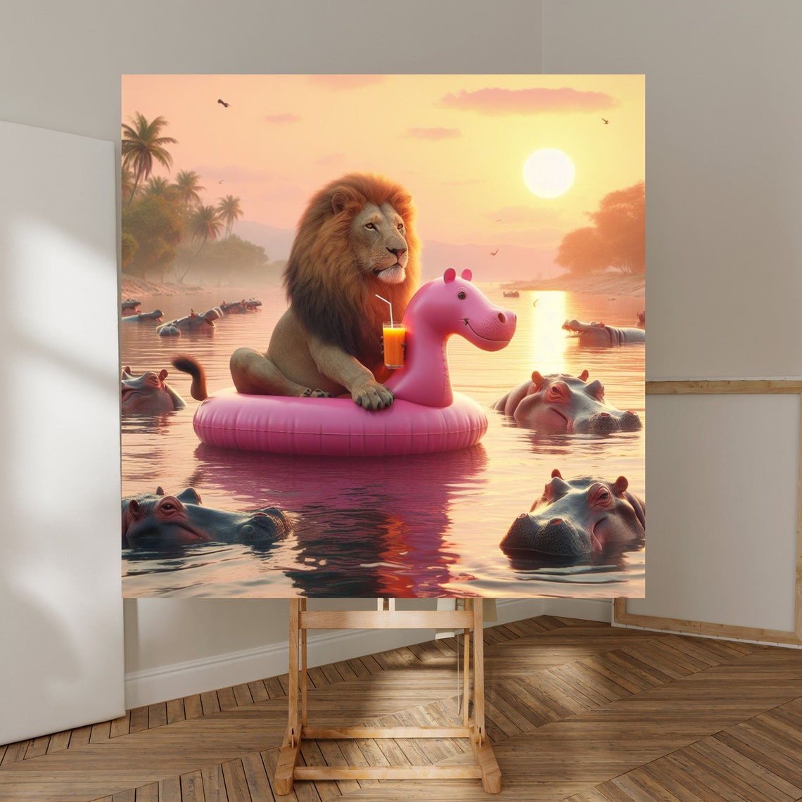 Lion Relaxing On A Pink Hippo Float At Sunset River Funny Poster