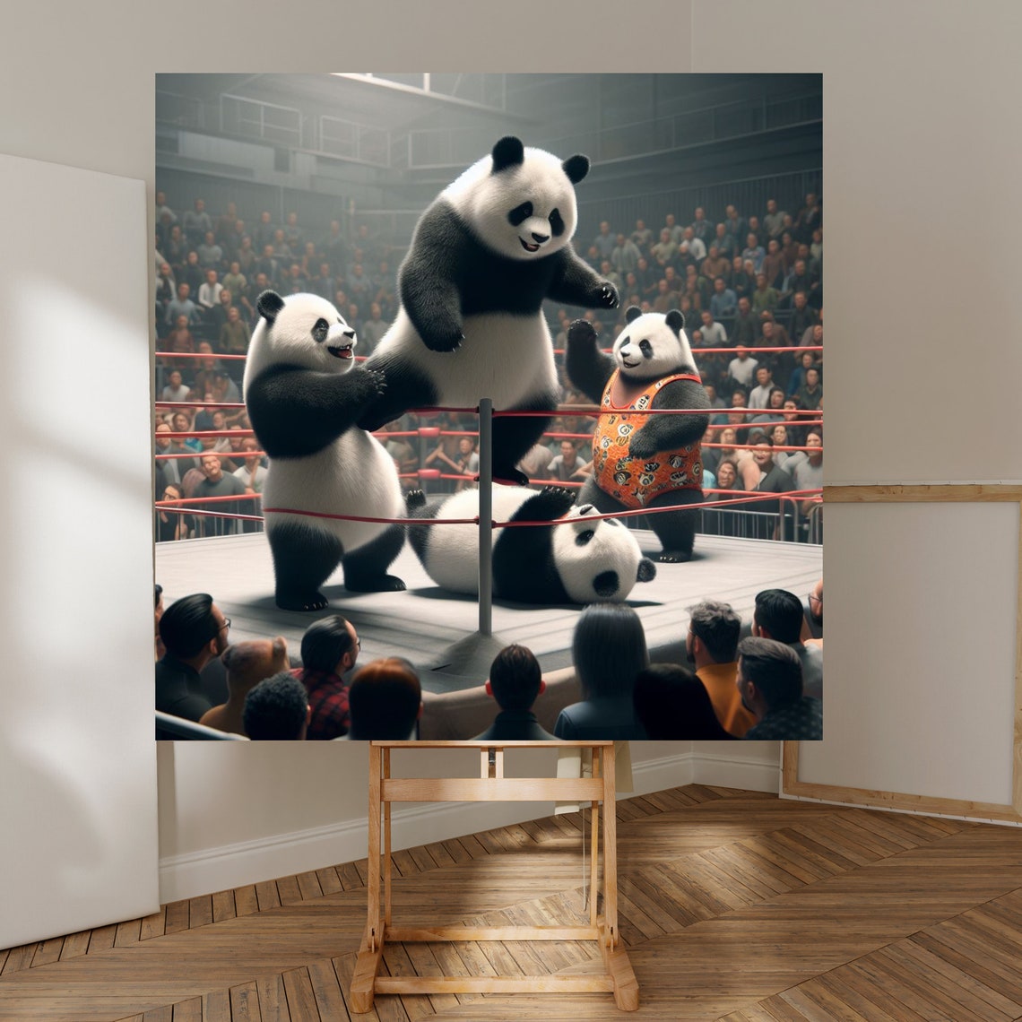 Whimsical Pandas Wrestling in a Ring Before a Cheering Crowd Poster