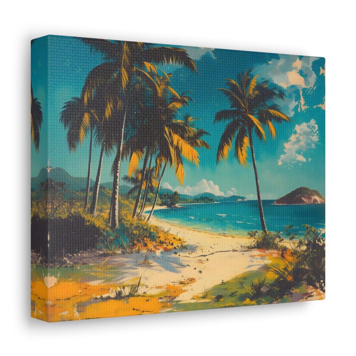Retro Tropical Beach With Tall Palm Trees Turquoise Sea Wall Art - Image 2