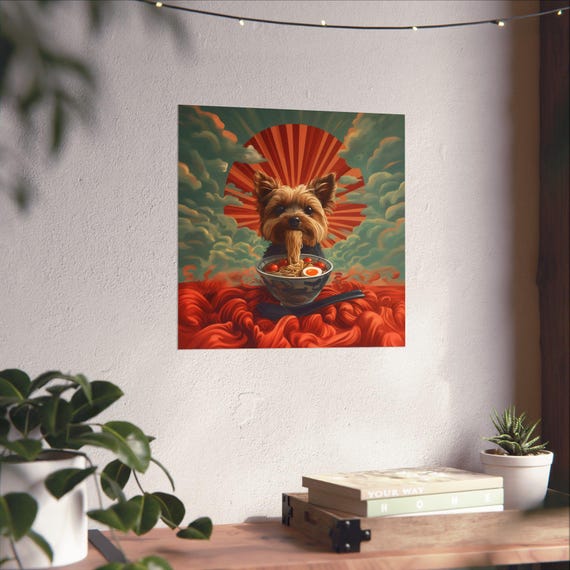 Maximalist Eclectic Ramen Yorkie Poster Print Bold Altered Animal Portrait Fantasy Fun Colorful Renaissance Rustic Art