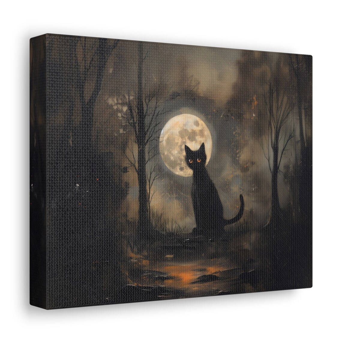 Black Cat in Moonlit Spooky Forest Gothic Halloween Art Poster - Image 3