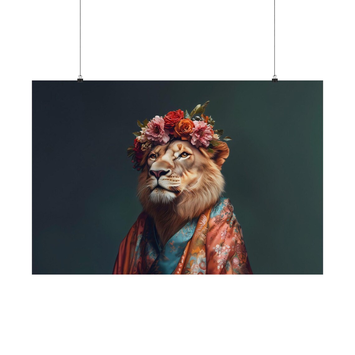 Lion Fashionista Portrait Floral Crown And Red Kimono Robe Poster - Image 3