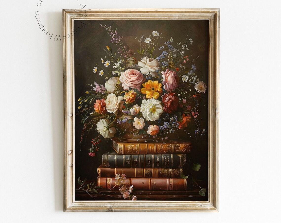 Floral Leather Bound Books Art Print, Dark Academia