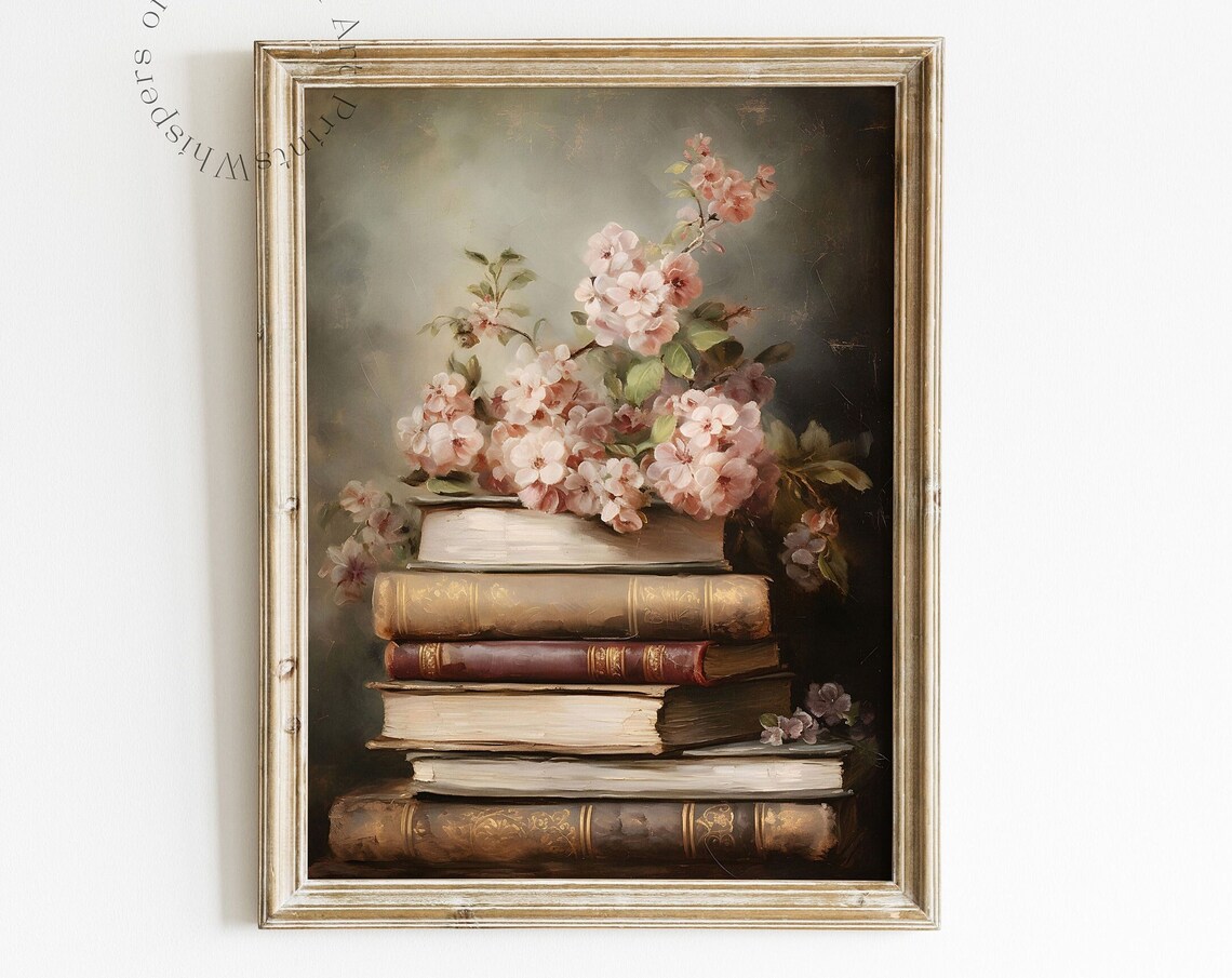 Cherry Blossom Book Stack Art Print, Dark Academia