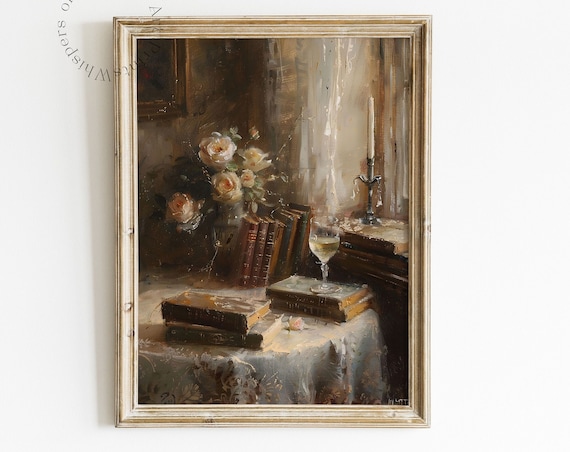Vintage Books With Roses And Wine Glass Candlelight Still Life Painting Poster