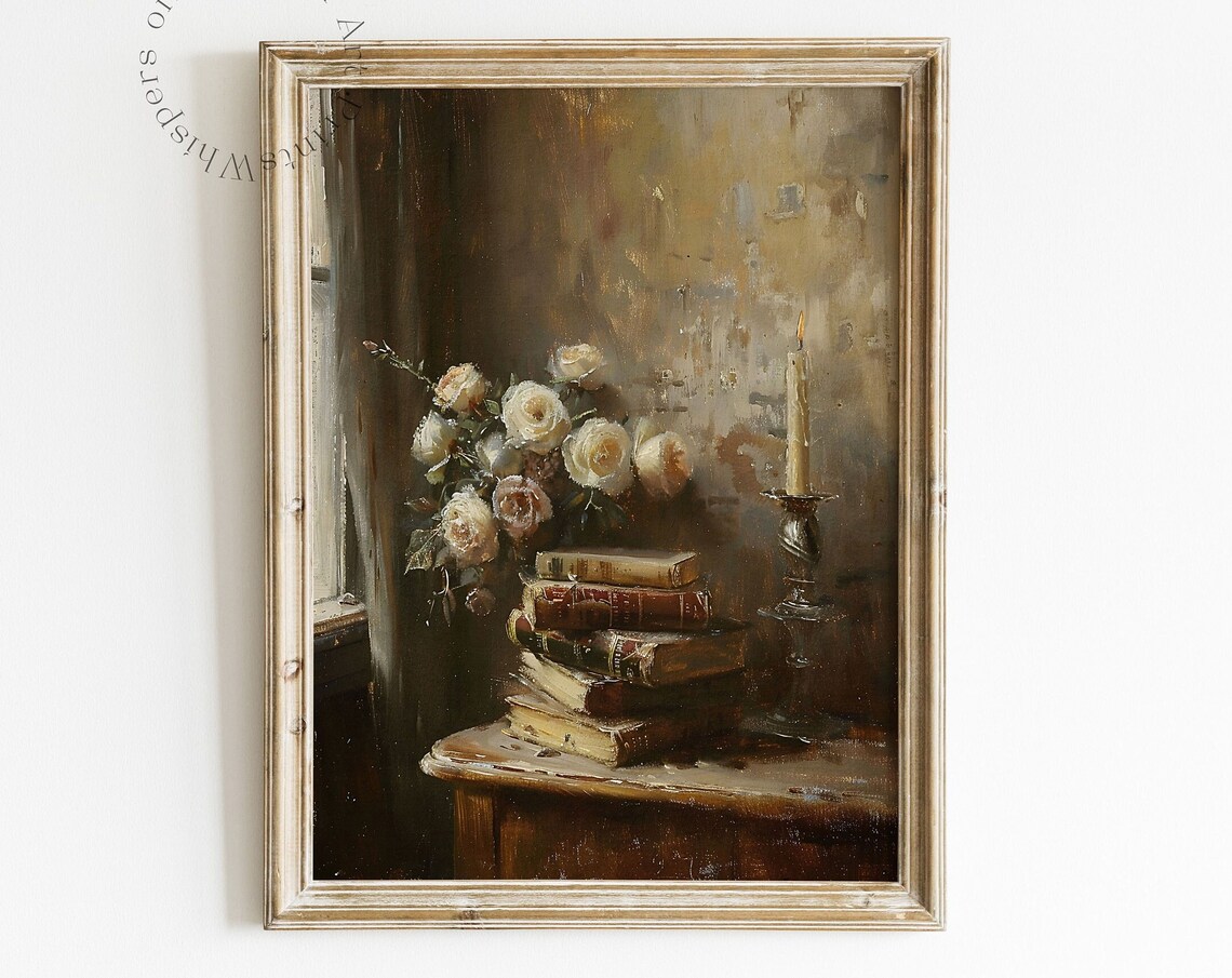 Tbr Pile Book Art Bookish Decor Victorian Painting Book Stack Art Print Light Academia Decor Moody Wall Art