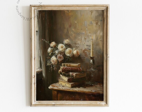 Books Roses and Candlelight Moody Vertical Still Life Poster