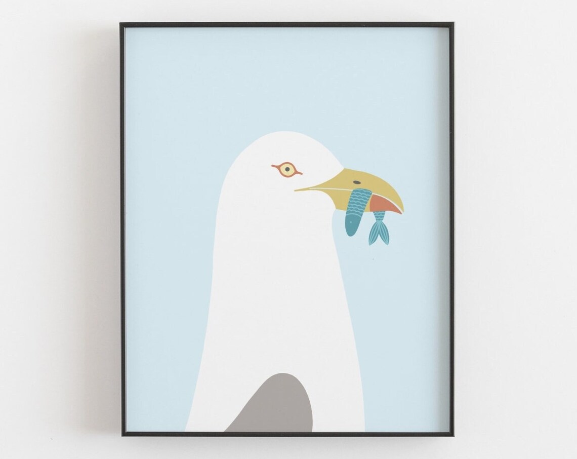 Seagull Bird With Fish Pop Art Nursery Poster