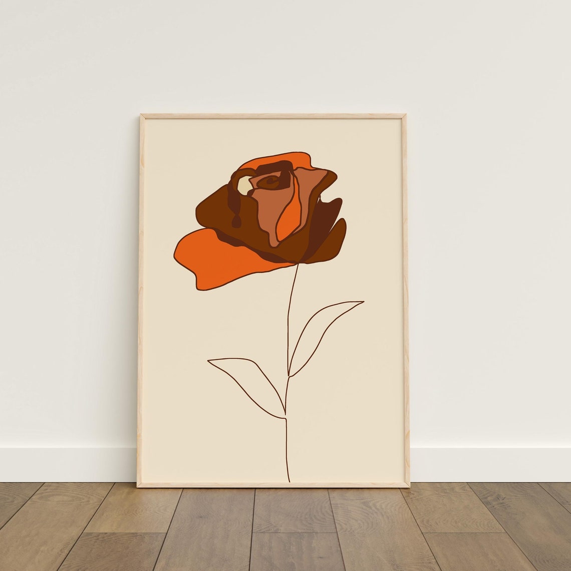Retro Burnt Orange Rose Flower Single Stem Botanical Art Poster