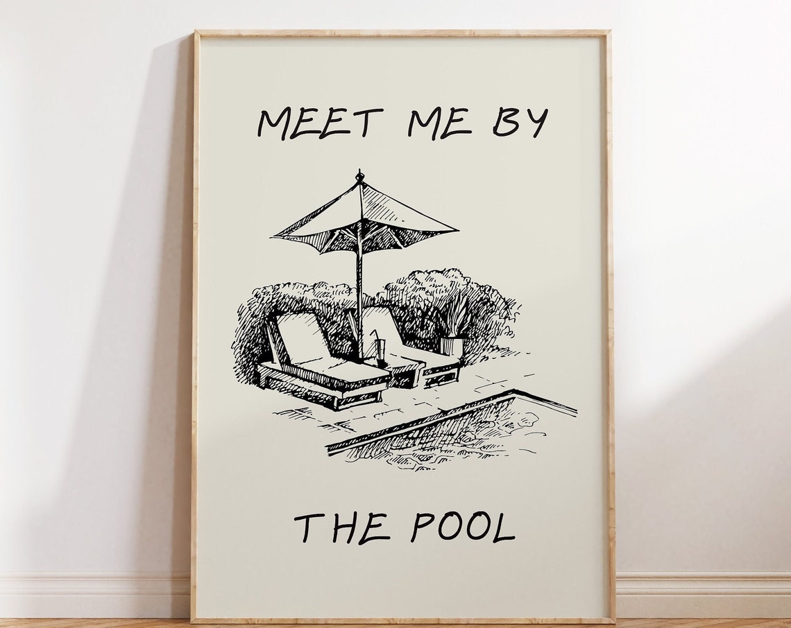 Meet Me By The Pool Retro Sketched Poolside Umbrella Summer Poster