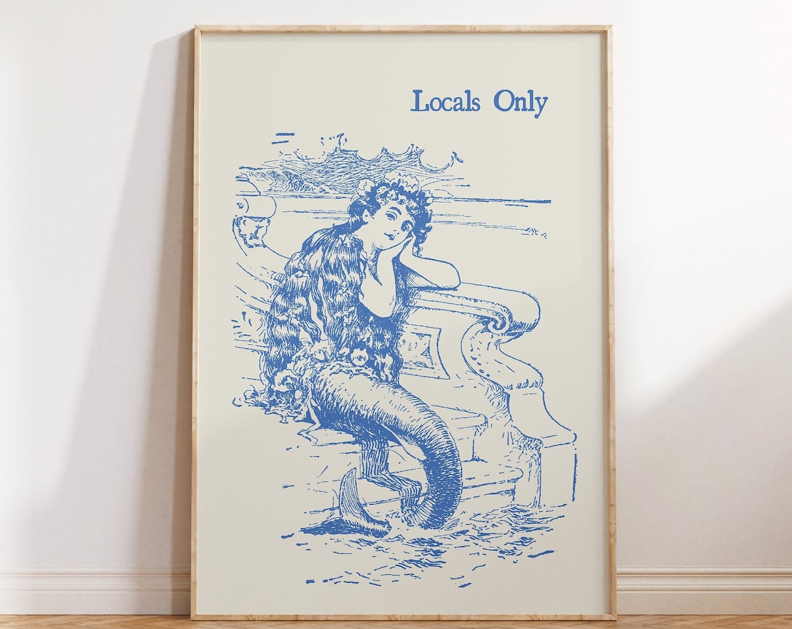 Vintage Mermaid Poster, Trendy Coastal Art Print