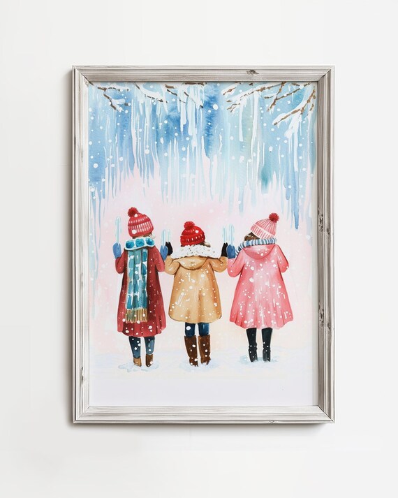 Three Kids Catching Snowflakes Watercolor Winter Scene Poster