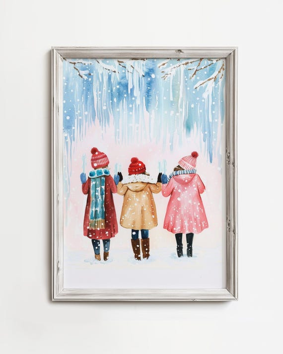 Vintage Winter Girl Painting Pastel Pink Girly Art Watercolor Holiday Decor Retro Seasonal Pretty